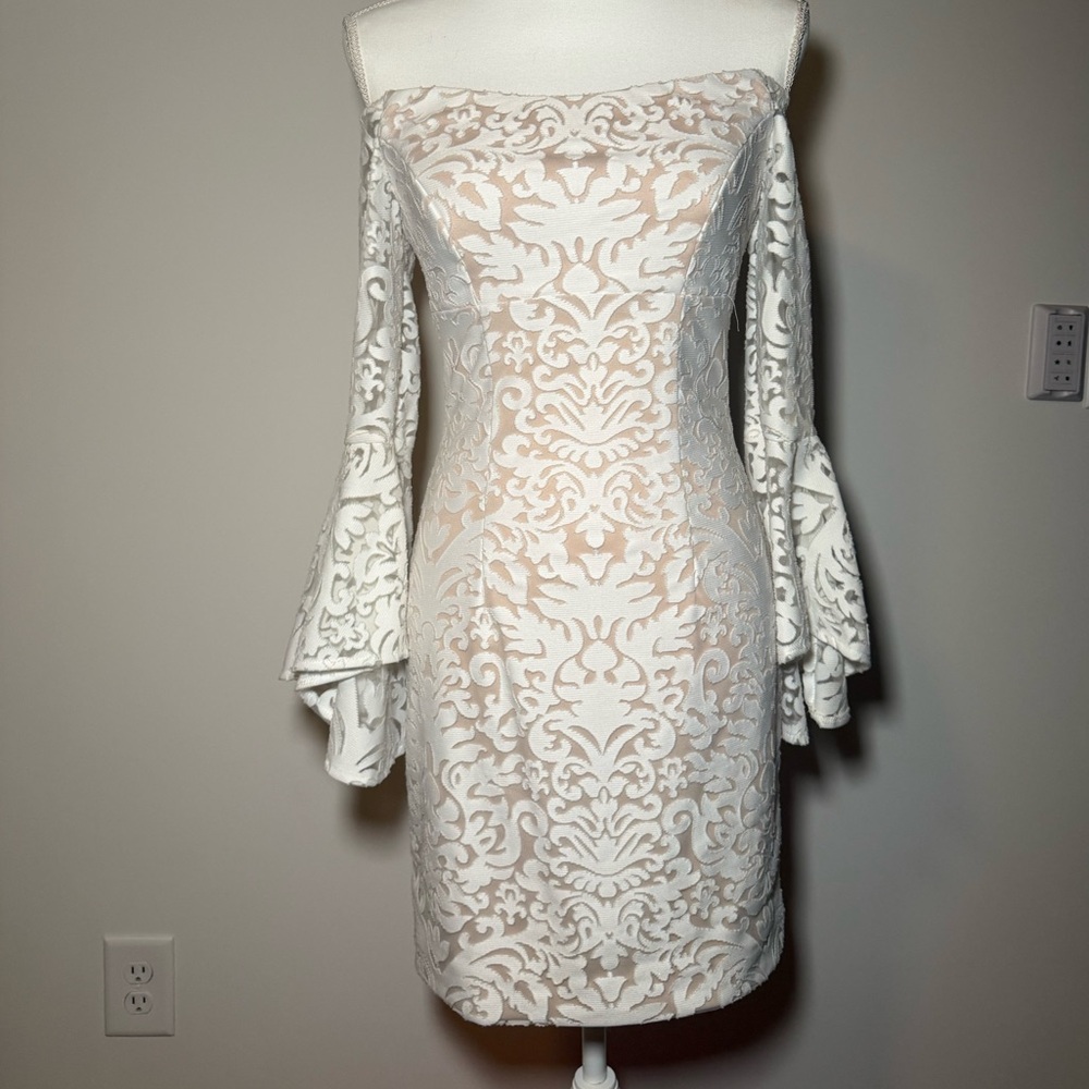 XSCAPE Nude/White Lace Mini Dress with Bell Sleeves